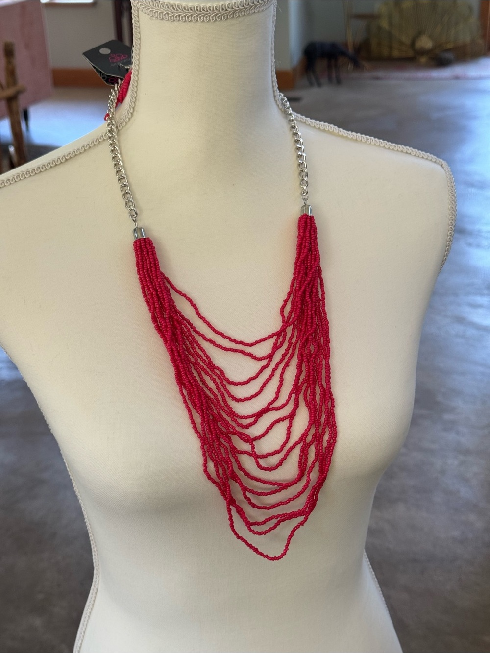 Red Multi-Strand Beaded Statement Necklace and Earrings Fashion Jewelry